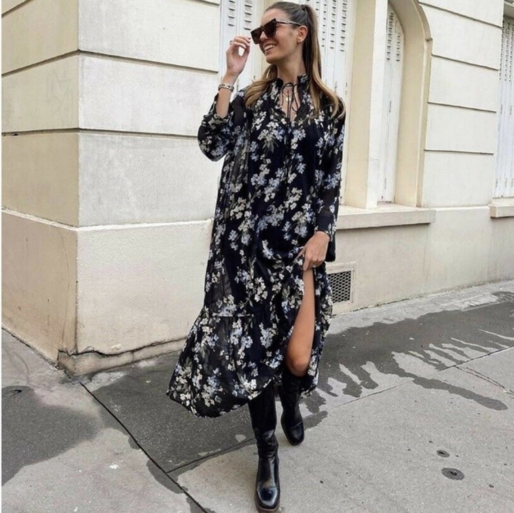 H&M Blogger Long Chiffon Dress Black Floral Medium NWT